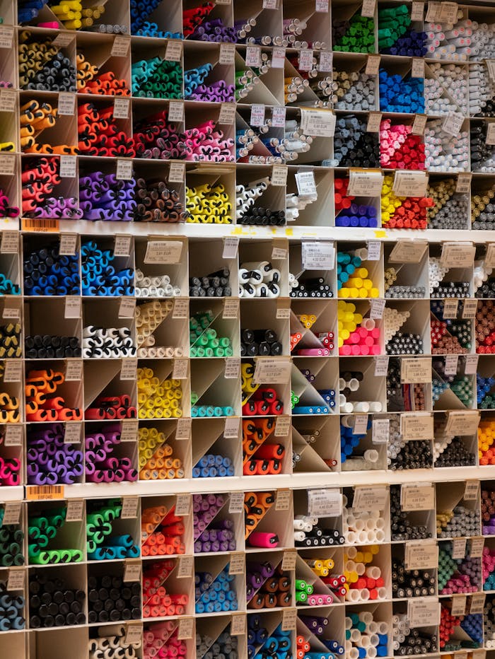 collection-03 Vibrant array of art supplies neatly organized in shelves, offering a rainbow of colors and textures.